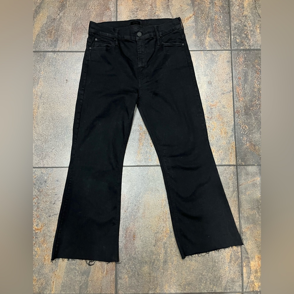 MOTHER Jeans Sz 30 The Doozy Flare Trousers Not Guilty Black Denim Raw Hem
